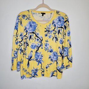 Talbots Womens Floral Bird Cardigan Size XL Petite Yellow 3/4 Sleeve Button Up